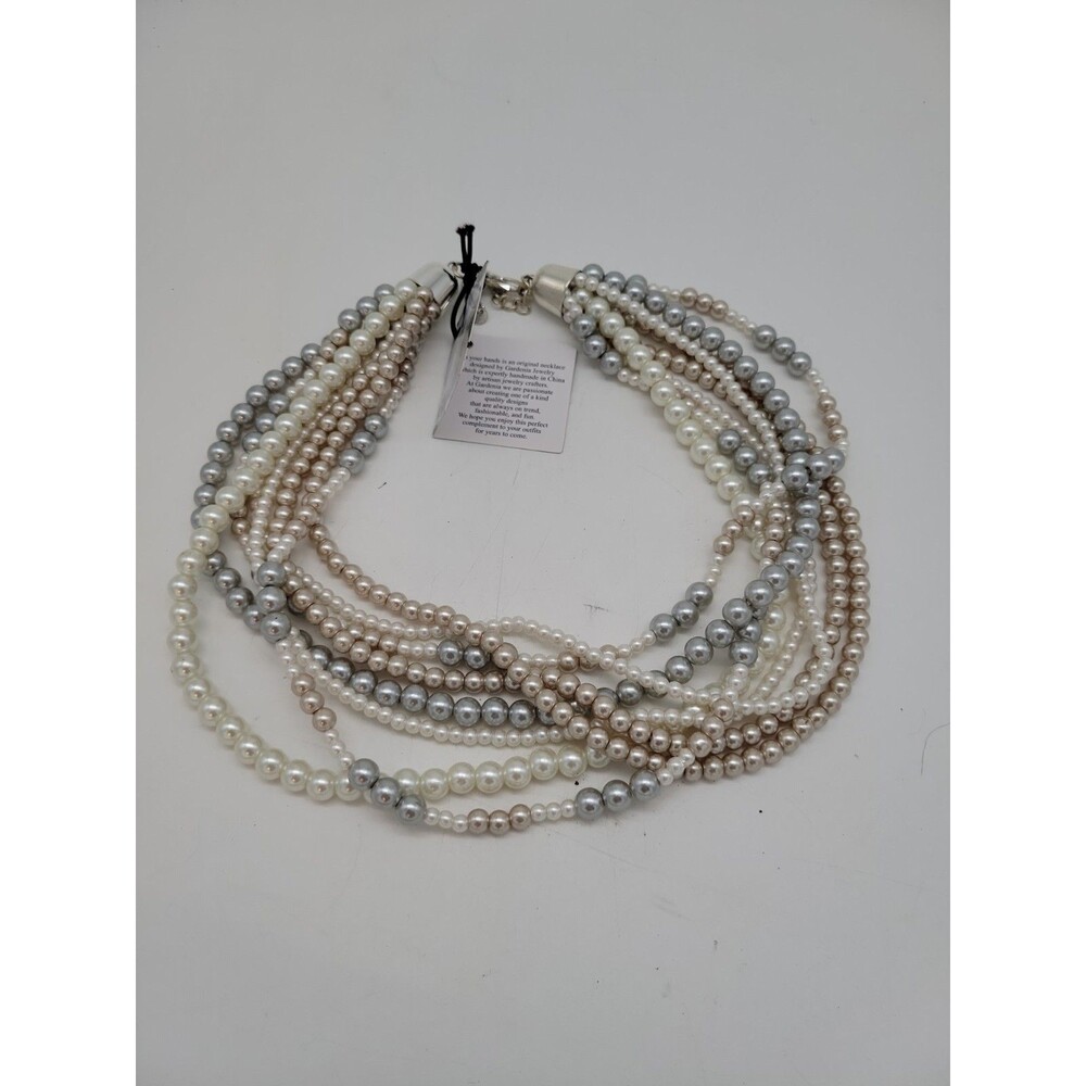 NWT Gardenia Brand Multistrand Faux Pearl Necklace Silver Cream Beige New Adj